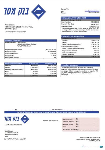 Download Israel Bank Massad mortgage statement Word and PDF template Photoshop template